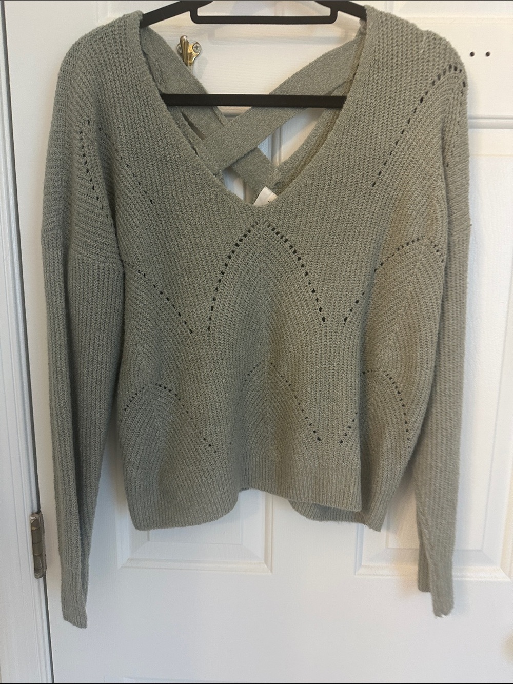 Crisscross V-Neck Pointelle Sweater - Sage